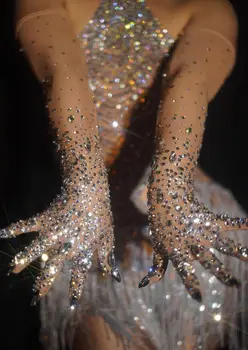 Роскошные эластичные перчатки со стразами, женские сверкающие хрустальные сетчатые перчатки с длинной перспективой, одежда для танцовщиц, певиц, аксессуары для сценической одежды