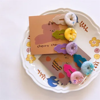 Детская милая заколка в виде пончика для девочек, Очаровательная Заколка в стиле пэчворк из флока с блестками, Детские Аксессуары для волос 아기머리삔