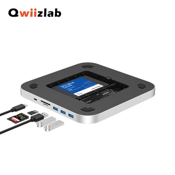 Qwiizlab USB C Концентратор для Mac Mini M2 M1 с Двойным Корпусом Накопителя SATA NVMe M.2 SSD Type-C 10 Гбит/с Устройство чтения карт SD TF Док-станция