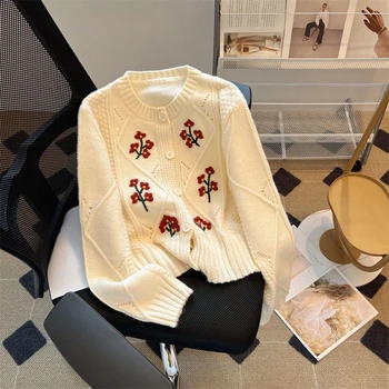 Корейский модный кардиган с цветочной вышивкой, однобортные Осенние короткие свитера с длинным рукавом, новинка 2024 года, винтажная женская одежда