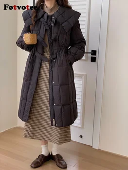 Пуховик Fotvotee, Женский пуховик с отложным воротником, Корейская мода, утепленные теплые пальто большого размера, Винтажная Уличная одежда, пуховик