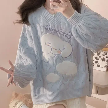 Весенне-осенний свитер с вышивкой Sanrio Cinnamon Lolita, вязаная куртка с милым мультяшным подшерстком, верхняя одежда.