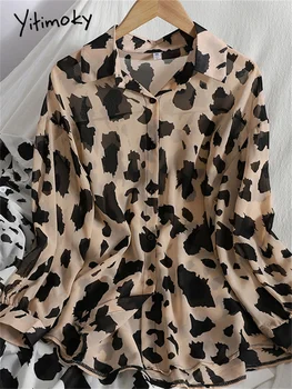 Женские рубашки с модным принтом Yitimoky, новинка 2023 года, блузка оверсайз с длинным рукавом и отложным воротником, Офисный женский повседневный длинный топ
