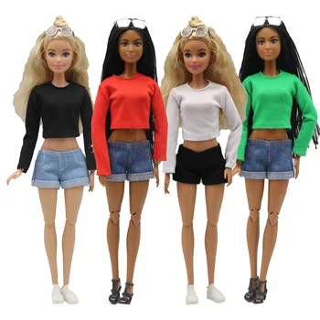 Новый 30 см 1/6 Кукла джинсовые шорты с длинными рукавами простой и свободный комплект толстовки Повседневная Одежда для кукол Барби Аксессуары