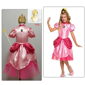 Рождественский косплей Для маленьких девочек, Карнавальная вечеринка, Супер Мультяшный Брат, Хэллоуин, Розовое платье принцессы, персиковое платье, костюмы с париковой короной