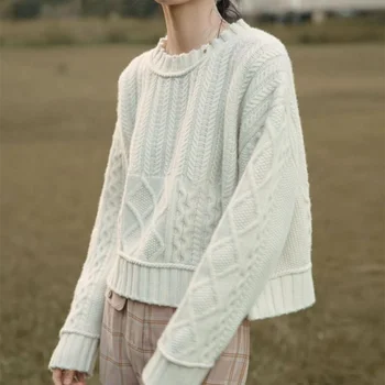 Французский винтажный шерстяной вязаный пуловер, свитер для женщин 2023, осенний однотонный пуловер с круглым вырезом, свободный Короткий свитер с напуском, женский топ