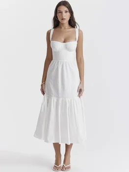 Элегантное белое платье миди на тонких бретельках для женщин, модное клубное вечернее платье трапециевидной формы без бретелек, без рукавов, с открытой спиной
