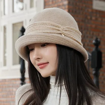 Французская Ретро Складная рыбацкая шляпа 2023 года, новая женская шапочка для лица с маленьким тазиком, осенне-зимняя теплая шерстяная шапка с загнутым подолом,