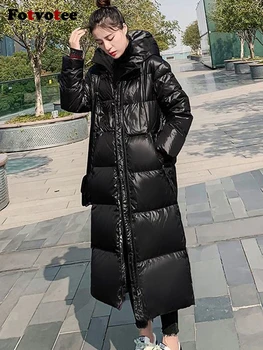 Fotvotee Зимняя куртка, женское черное пальто с капюшоном, длинные парки, утепленная теплая пуховая куртка, уличная одежда, повседневная элегантная верхняя одежда