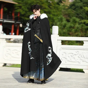 Китайский традиционный мужской плащ Hanfu, зимняя флисовая утолщенная Длинная теплая накидка, пальто с вышивкой, юбка для лошади, комплект старинной одежды