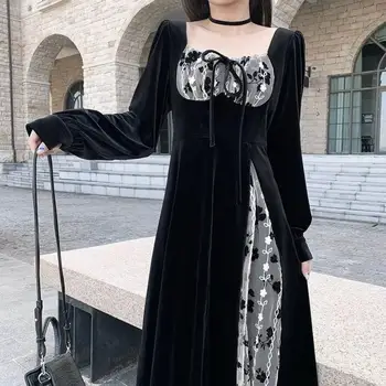 Бархатное женское платье на весну и осень, маленькое черное платье, новая длинная юбка с поясом для похудения снизу