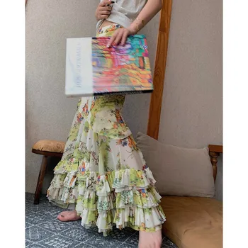 Милая сетчатая юбка средней длины с японским мультяшным принтом, женская летняя новинка 2023, универсальная повседневная плиссированная юбка трапециевидной формы с высокой талией.