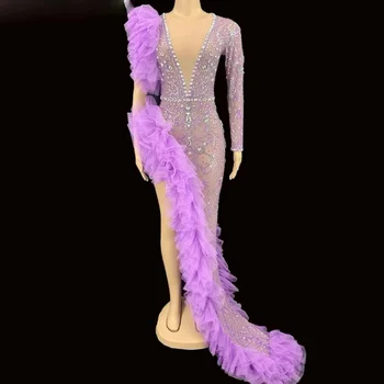 Прозрачное длинное платье из фиолетовой сетки со стразами для празднования дня рождения с одним рукавом, вечернее платье для танцовщиц, женское вечернее платье для танцовщиц