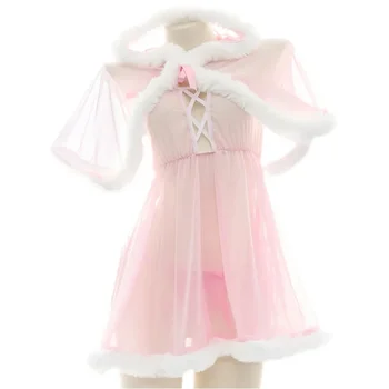 Розовая накидка с капюшоном в стиле Лолиты, Шифоновое платье, пижамы для косплея в стиле Аниме, Женская Открытая Сетчатая ночная рубашка с мехом, Пижамы, Униформа