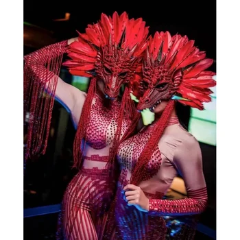 Ночной клуб Dj Ds Gogo Dance Косплей костюм Красный Головной убор с перьями дракона Китайский комбинезон Фестивальный наряд