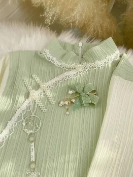 Улучшенный Чонсам, светло-зеленый, с расклешенными рукавами и пуговицами, женское платье со стоячим воротником, лоскутное платье с разрезом, осеннее длинное платье с легкой полосой