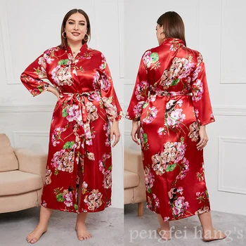 Большой размер 5XL, сексуальный халат с цветочным принтом, ночная рубашка, атласное кимоно, халат с поясом, Женская сексуальная Свободная пижама с V-образным вырезом, Домашнее платье