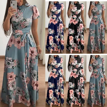 Свободное длинное платье в стиле Ретро, Весна-осень, Водолазка с длинным рукавом, Vestidos, Вечерние платья с цветочным принтом
