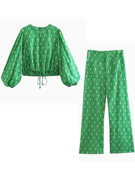 TRAF Woman, комплекты из 2 предметов, короткая блузка + брюки, 2023, Новый модный женский костюм с зеленым принтом, Повседневная женская одежда-двойка