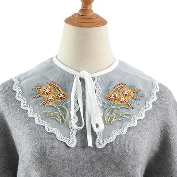 Женщина рубашка свитер с вышитым цветочным узором ложных воротник с жемчужными бусинами
