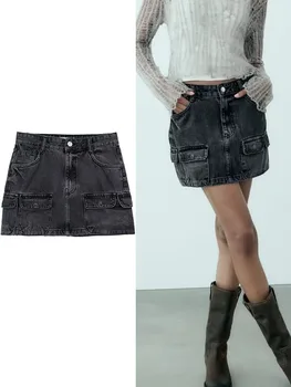 Джинсовая мини-юбка TRAF в винтажном стиле Сафари для леди на досуге с множеством карманов, дизайнерская уличная юбка 2023, Шикарная короткая юбка
