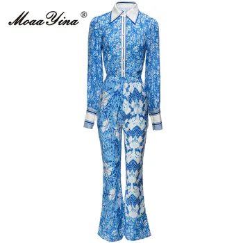 MoaaYina/ Летний дизайнерский комплект брюк с винтажным цветочным принтом, женский свободный топ с лацканами + брюки-клеш с эластичной резинкой на талии, комплект из 2 предметов