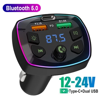 Bluetooth 5.0 Беспроводной FM-передатчик Type-C PD Быстрая Зарядка Двойное USB Зарядное Устройство Громкой Связи Автомобильный FM-Модулятор TF Карта U Дисковый Плеер