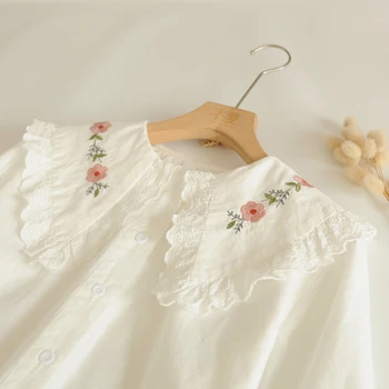 Весна-осень 2023 Года, кружевная блузка Mori Girl в японском стиле с цветочной вышивкой, белая женская рубашка с длинным рукавом