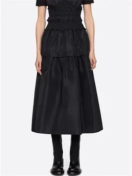 Женская черная юбка миди с эластичным поясом, Новинка весны, 2024, Многослойные длинные юбки трапециевидной формы с оборками, длинные юбки в стиле Хепберн для дам