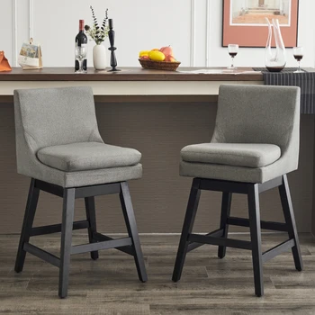 Набор из 2 вращающихся барных стульев с мягкой обивкой 26 дюймов, современные табуреты с высокой спинкой из льняной ткани, эргономичный дизайн и деревянная рама
