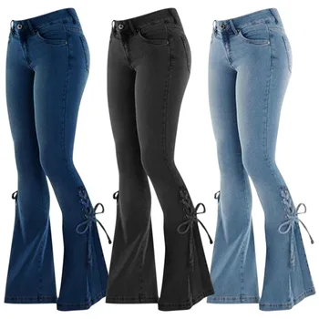 Женские джинсовые брюки-клеш на шнуровке со средней талией, эластичные расклешенные джинсы Juniors, леггинсы для брюк