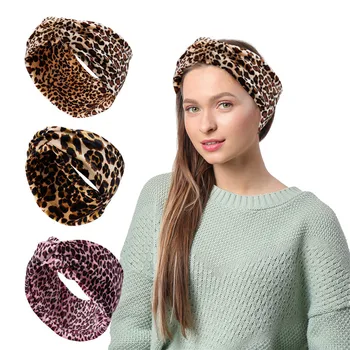 Женские леопардовые повязки на голову, весенне-осенние бархатные широкие повязки на голову, теплые гетры с леопардовым принтом, тюрбаны