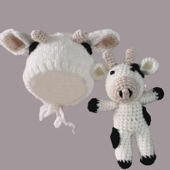 Реквизит для фотосъемки новорожденных, вязаная крючком шапочка-бини с мягкой игрушкой-коровой