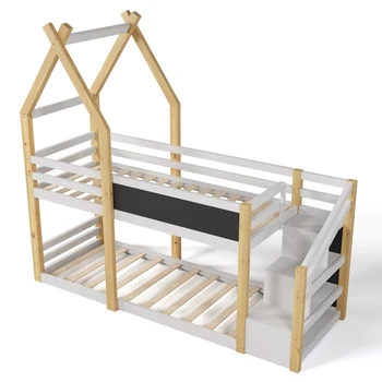 Двухъярусная кровать Twin over Twin House идеально подходит для семьи с двумя детьми с белой лестницей для хранения вещей и классной доской, белого и натурального цвета