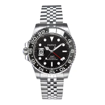 Новые часы Parnis 40 мм Механические Автоматические Мужские Часы Черный Безель Красный Календарь GMT Наручные Часы Из Сапфирового Стекла reloj hombre