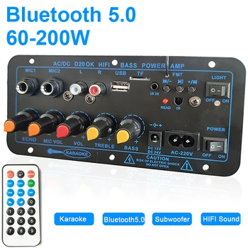D20 60-200 Вт Плата Усилителя Bluetooth Стерео Amplificador Сабвуфер USB FM-радио TF Плеер Двойной Микрофон Плата Аудиоусилителя