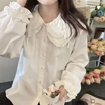 Весенняя Модная Белая Кружевная Рубашка, Белые Блузки с воротником 