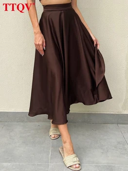 TTQV Элегантная коричневая атласная женская юбка 2023, Модные однотонные свободные юбки с высокой талией, повседневные простые юбки миди, женская одежда