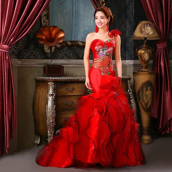 Вечерние платья 2019 Современное Сексуальное вечернее платье Длинный Чонсам Традиционное Китайское свадебное Ципао Красное платье Русалки со шлейфом в восточном стиле