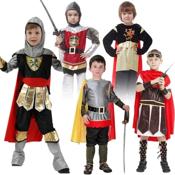 Хэллоуин Дети Мальчики Королевский Воин Рыцарские Костюмы Солдат Дети Средневековый Римский Плащ С Прикрепленной Накидкой Карнавальная Вечеринка Без Оружия