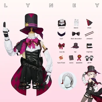Аниме Genshin Impact Lyney косплей костюм, парик, шляпа, комплект, кожаная униформа фокусника Фонтейна, юбка с короткими волосами, костюм на Хэллоуин