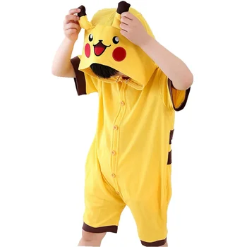 Детский костюм животного с коротким рукавом, косплей, желтый летний комбинезон с капюшоном из аниме, мультяшный комбинезон для мальчика и девочки, хлопковая пижама