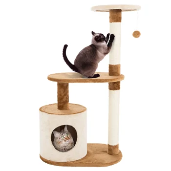 Трехэтажная кошачья башня, оборудованная 2 Насестами для сна, кошачьими квартирами, 2 столбиками для чистки сизалевых веревок и подвесными игрушками