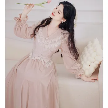 Французские платья Sweet Princess для женщин, Розовое милое кружевное платье Kawaii с V-образным вырезом, Весеннее элегантное платье для вечеринки по случаю дня рождения, Vestidos be mujer