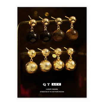 Покрытые Латунью 18-Каратное Настоящее Золото Французские Серьги Ins Light Luxury Style С Черным Агатом И Камнем Тигровый Глаз Круглые Серьги Новые