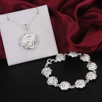 Высококачественный горячий набор ювелирных изделий из стерлингового серебра 925 пробы, Браслеты, ожерелья для женщин, изысканные розы, модные Вечерние Рождественские подарки