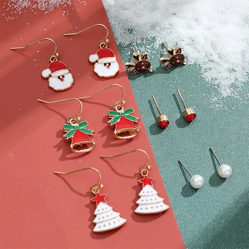 6 пар Рождественских сережек-гвоздиков, серьги-подвески в форме Рождественской елки, снеговика, Санта-Клауса, Милые подарки для Рождественской вечеринки для женщин и девочек