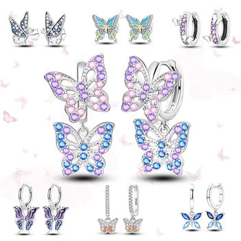 Оригинальные женские серьги-кольца с бабочками из серебра 925 пробы, сверкающее паве, разноцветный циркон, Голубое, розовое, фиолетовое сердце, свадебная серьга-капля