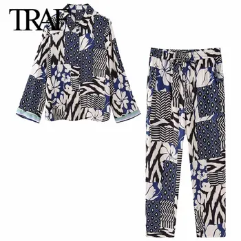 TRAF/ Женские модные однобортные блузки с длинным рукавом и лацканами, винтажный принт, шикарные женские домашние брюки с высокой талией, комплект из 2 предметов