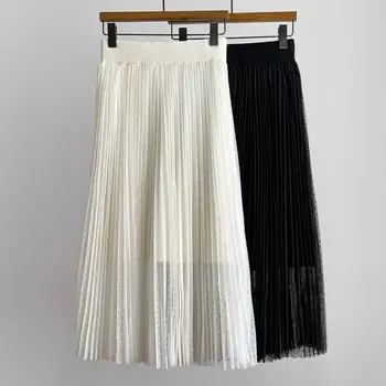 Топовая женская модная однотонная шерстяная сетчатая плиссированная юбка миди, элегантная универсальная юбка с высокой эластичной талией, тонкая юбка-трапеция